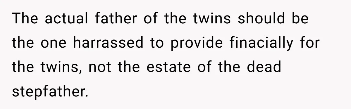 The actual father of the twins should be the one harrassed to provide finacially for the twins, not the estate of the dead stepfather.