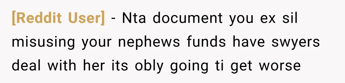 [Reddit User] − Nta document you ex sil misusing your nephews funds have swyers deal with her its obly going ti get worse