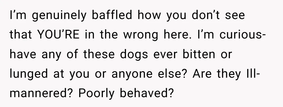 I’m genuinely baffled how you don’t see that YOU’RE in the wrong here. I’m curious-have any of these dogs ever bitten or lunged at you or anyone else? Are they...