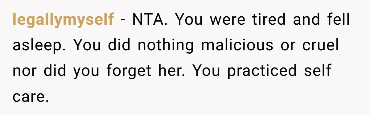legallymyself − NTA. You were tired and fell asleep. You did nothing malicious or cruel nor did you forget her. You practiced self care.