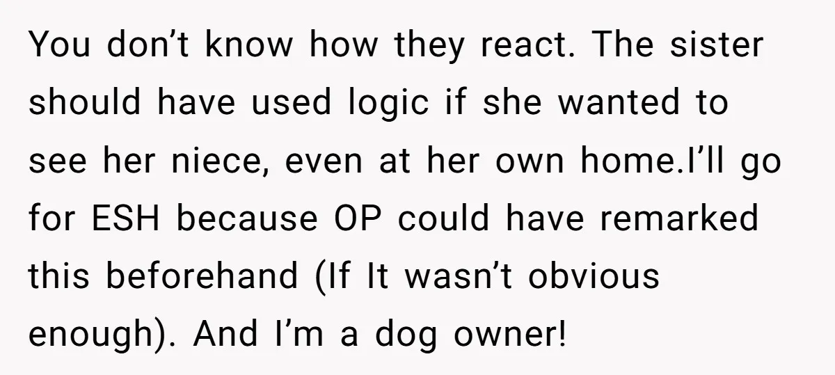 You don’t know how they react. The sister should have used logic if she wanted to see her niece, even at her own home.I’ll go for ESH because OP could...