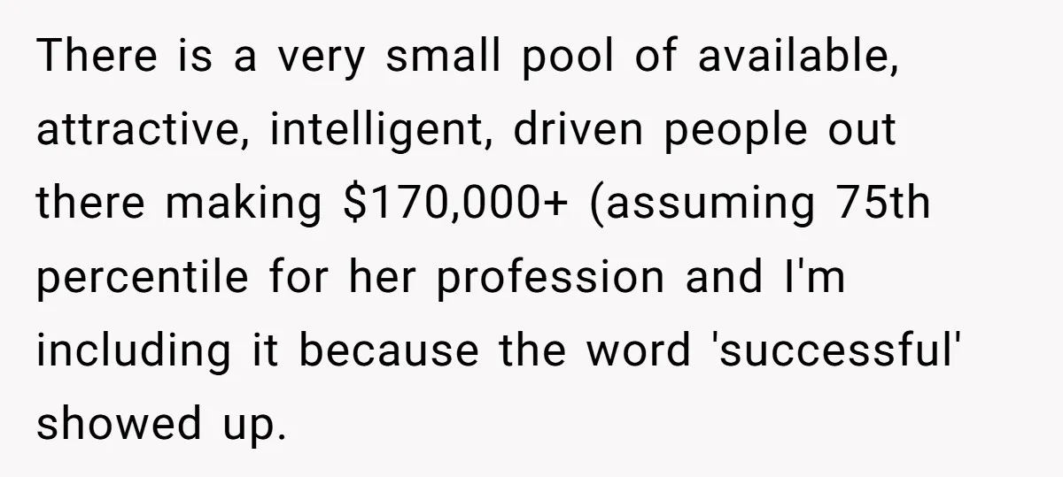 There is a very small pool of available, attractive, intelligent, driven people out there making $170,000+ (assuming 75th percentile for her profession and I'm including it because the word 'successful'...