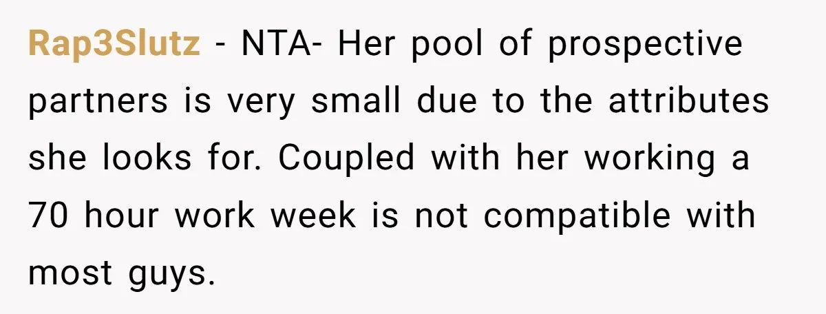 Rap3Slutz − NTA- Her pool of prospective partners is very small due to the attributes she looks for. Coupled with her working a 70 hour work week is not compatible...