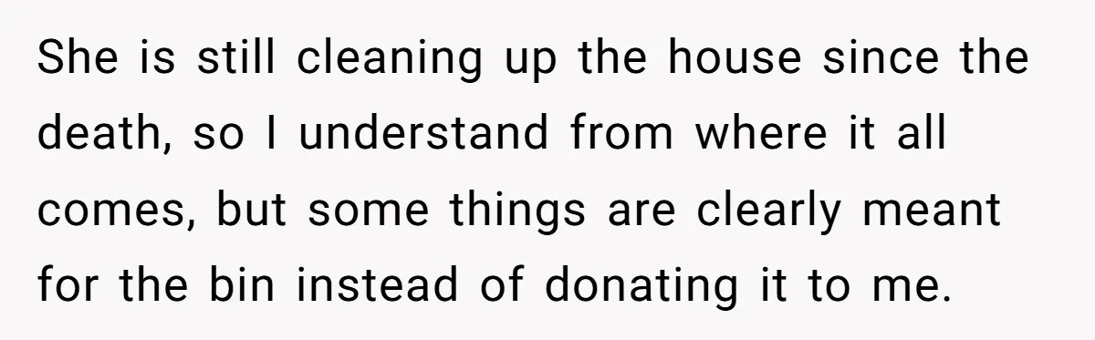 She is still cleaning up the house since the death, so I understand from where it all comes, but some things are clearly meant for the bin instead of donating...