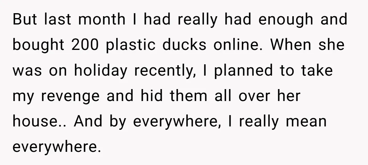 But last month I had really had enough and bought 200 plastic ducks online. When she was on holiday recently, I planned to take my revenge and hid them all...