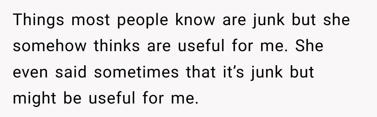 Things most people know are junk but she somehow thinks are useful for me. She even said sometimes that it’s junk but might be useful for me.