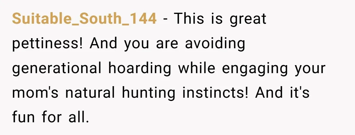 Suitable_South_144 − This is great pettiness! And you are avoiding generational hoarding while engaging your mom's natural hunting instincts! And it's fun for all.