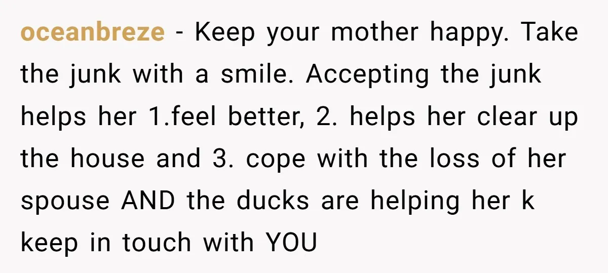 oceanbreze − Keep your mother happy. Take the junk with a smile. Accepting the junk helps her 1.feel better, 2. helps her clear up the house and 3. cope with...