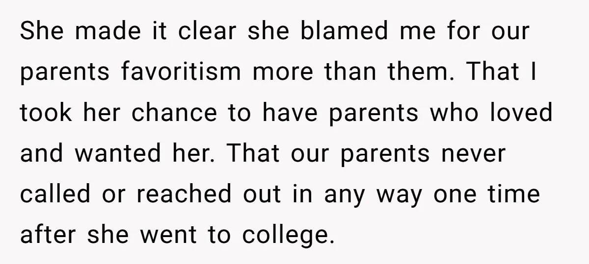 She made it clear she blamed me for our parents favoritism more than them. That I took her chance to have parents who loved and wanted her. That our parents...