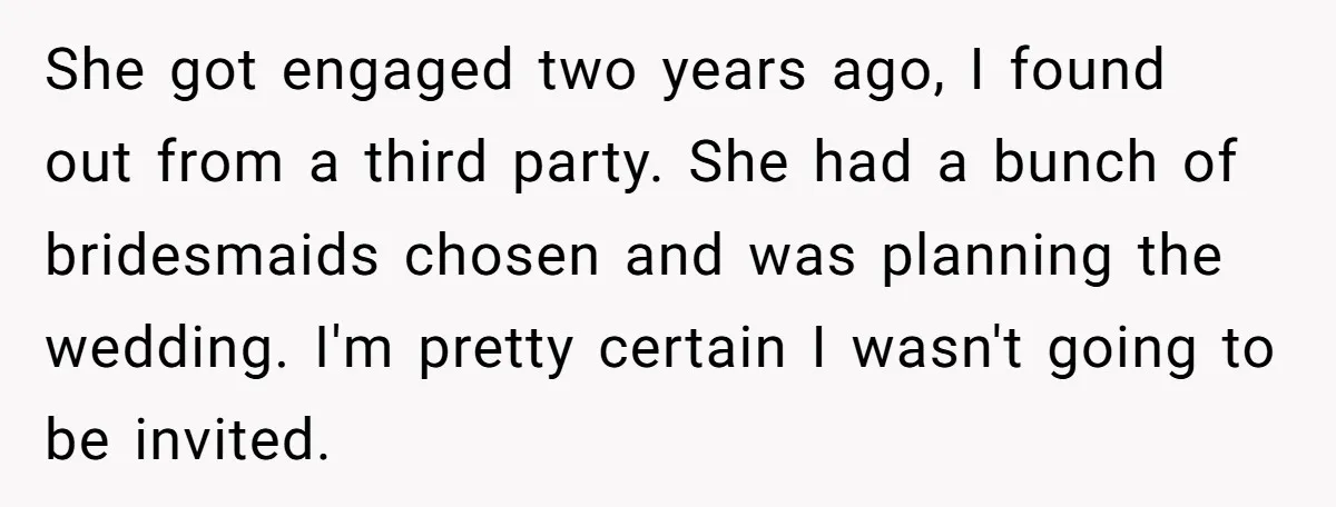 She got engaged two years ago, I found out from a third party. She had a bunch of bridesmaids chosen and was planning the wedding. I'm pretty certain I wasn't...