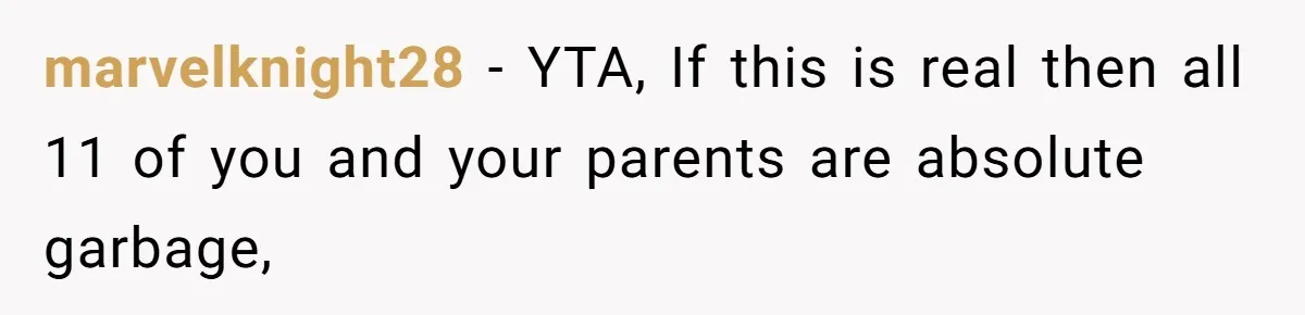 marvelknight28 − YTA, If this is real then all 11 of you and your parents are absolute garbage,