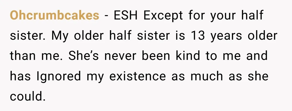 Ohcrumbcakes − ESH Except for your half sister. My older half sister is 13 years older than me. She’s never been kind to me and has Ignored my existence as...