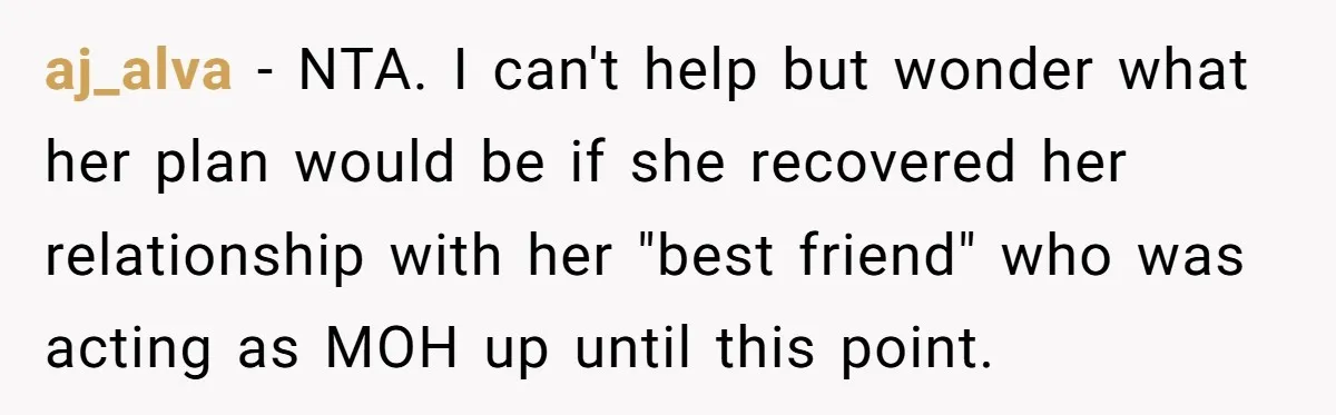 aj_alva − NTA. I can't help but wonder what her plan would be if she recovered her relationship with her "best friend" who was acting as MOH up until this...