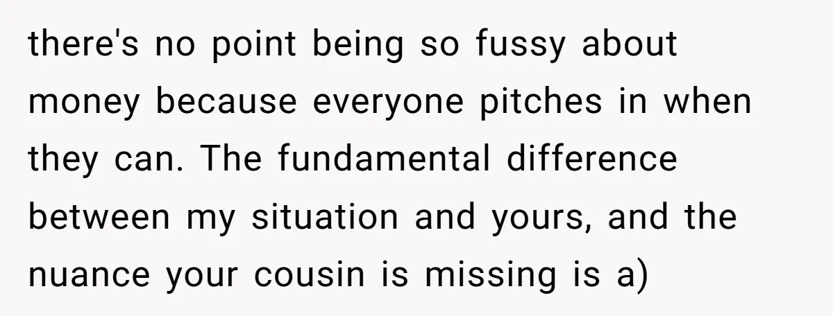 there's no point being so fussy about money because everyone pitches in when they can. The fundamental difference between my situation and yours, and the nuance your cousin is missing...
