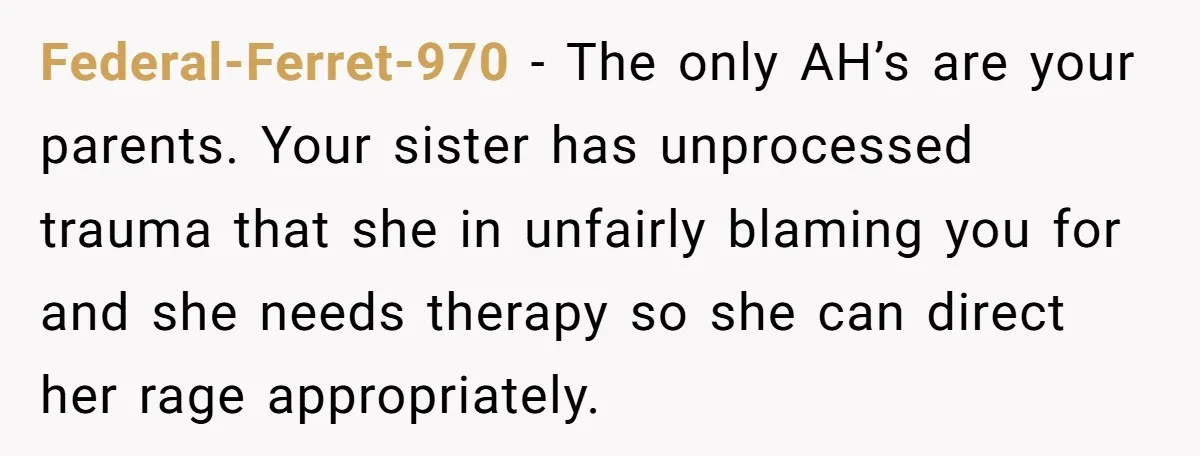 Federal-Ferret-970 − The only AH’s are your parents. Your sister has unprocessed trauma that she in unfairly blaming you for and she needs therapy so she can direct her rage...