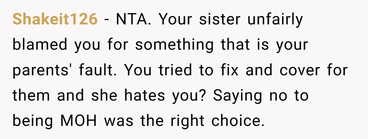 Shakeit126 − NTA. Your sister unfairly blamed you for something that is your parents' fault. You tried to fix and cover for them and she hates you? Saying no to...