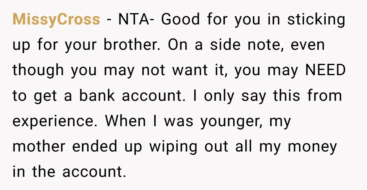 MissyCross - NTA- Good for you in sticking up for your brother. On a side note, even though you may not want it, you may NEED to get a bank...