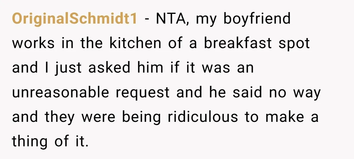 OriginalSchmidt1 − NTA, my boyfriend works in the kitchen of a breakfast spot and I just asked him if it was an unreasonable request and he said no way and...