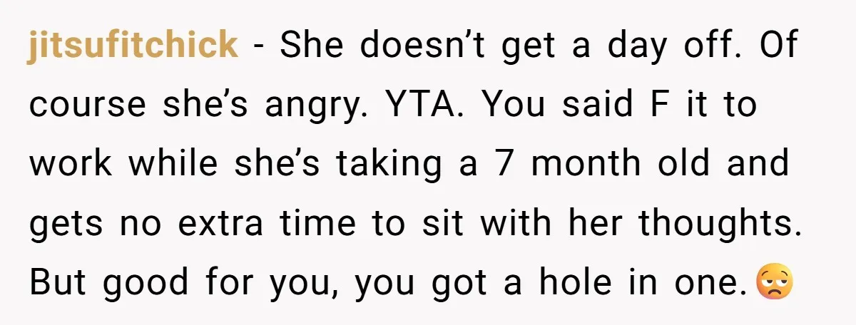 jitsufitchick − She doesn’t get a day off. Of course she’s angry. YTA. You said F it to work while she’s taking a 7 month old and gets no extra...