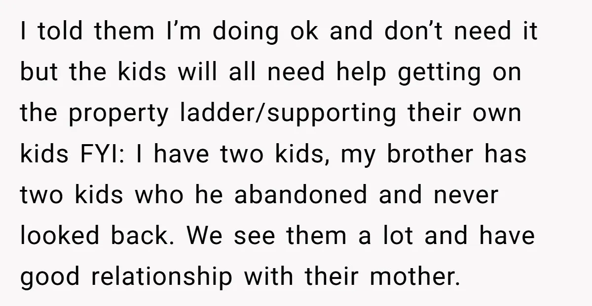 I told them I’m doing ok and don’t need it but the kids will all need help getting on the property ladder/supporting their own kids FYI: I have two kids,...