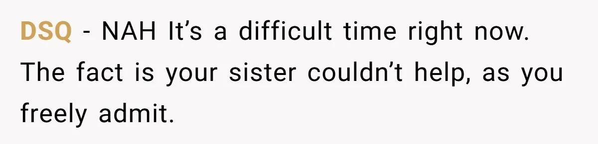 DSQ − NAH It’s a difficult time right now. The fact is your sister couldn’t help, as you freely admit.