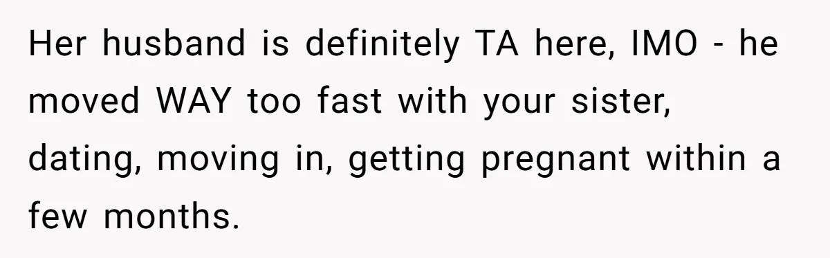 Her husband is definitely TA here, IMO - he moved WAY too fast with your sister, dating, moving in, getting pregnant within a few months.