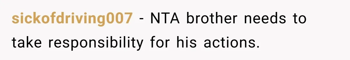 sickofdriving007 − NTA brother needs to take responsibility for his actions.