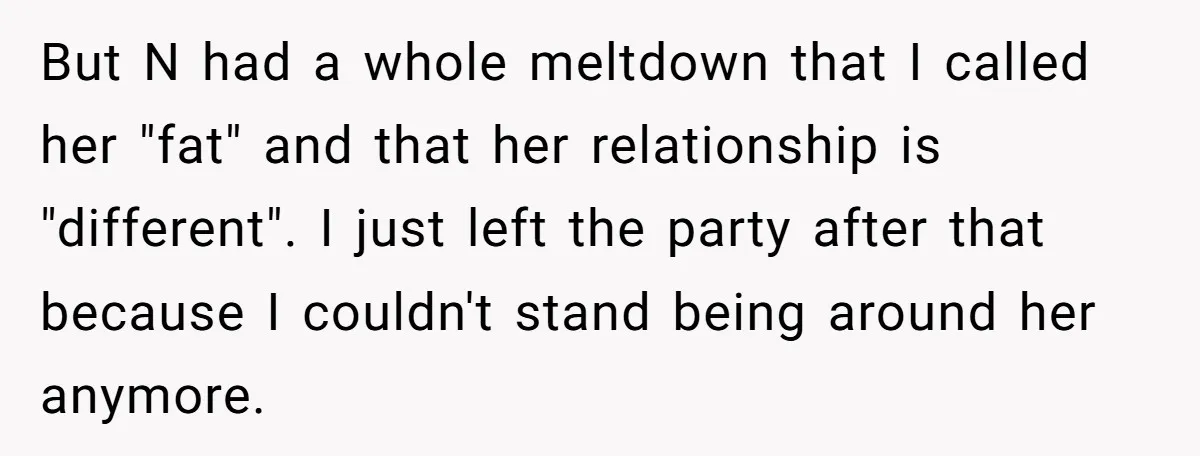 But N had a whole meltdown that I called her "fat" and that her relationship is "different". I just left the party after that because I couldn't stand being around...