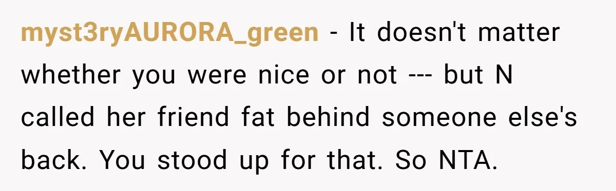 myst3ryAURORA_green − It doesn't matter whether you were nice or not --- but N called her friend fat behind someone else's back. You stood up for that. So NTA.