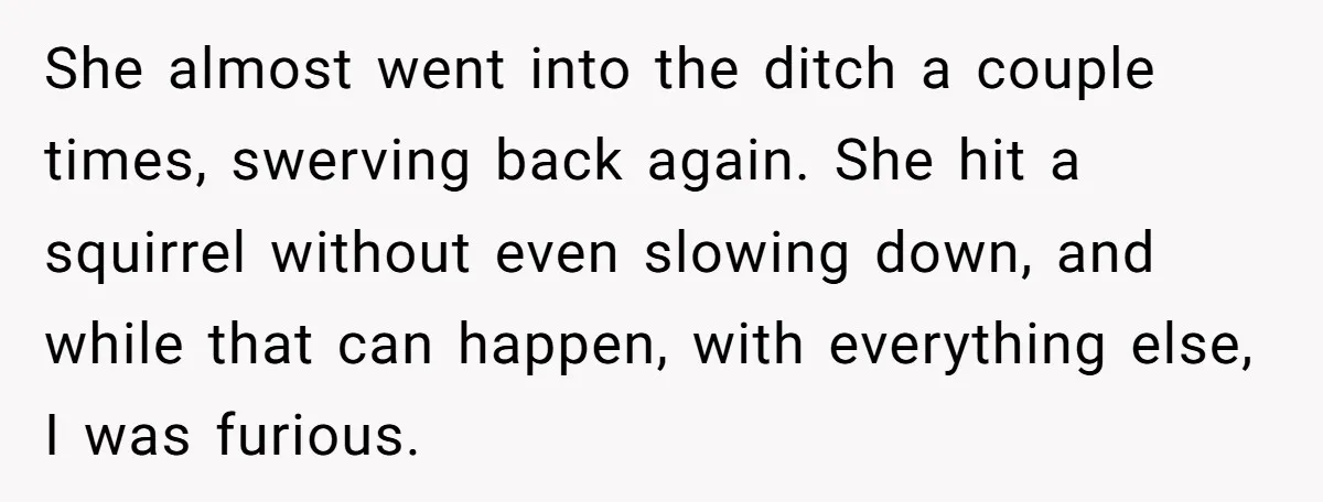 She almost went into the ditch a couple times, swerving back again. She hit a squirrel without even slowing down, and while that can happen, with everything else, I was...