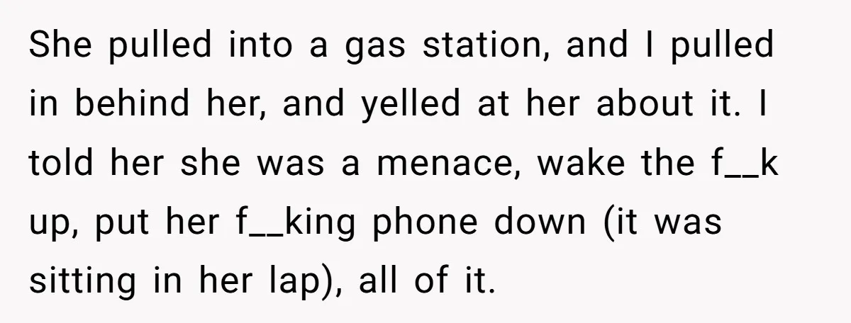 She pulled into a gas station, and I pulled in behind her, and yelled at her about it. I told her she was a menace, wake the f__k up, put...