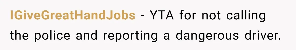 IGiveGreatHandJobs − YTA for not calling the police and reporting a dangerous driver.