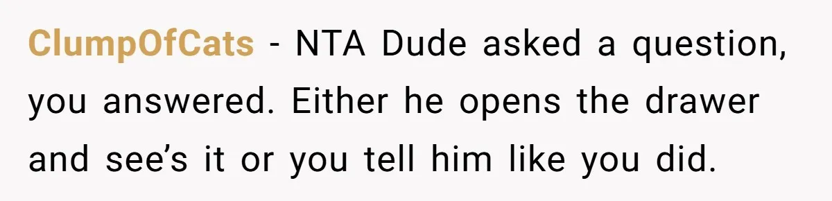 ClumpOfCats − NTA Dude asked a question, you answered. Either he opens the drawer and see’s it or you tell him like you did.