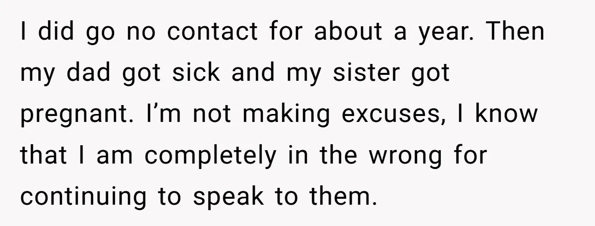 I did go no contact for about a year. Then my dad got sick and my sister got pregnant. I’m not making excuses, I know that I am completely in...