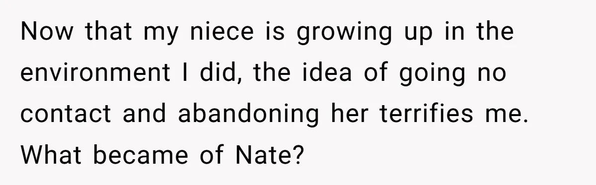 Now that my niece is growing up in the environment I did, the idea of going no contact and abandoning her terrifies me. What became of Nate?