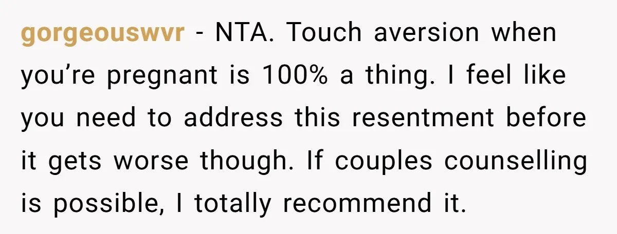 gorgeouswvr − NTA. Touch aversion when you’re pregnant is 100% a thing. I feel like you need to address this resentment before it gets worse though. If couples counselling is...
