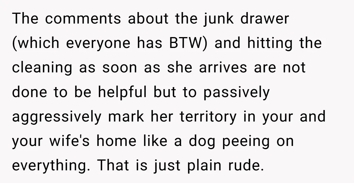 The comments about the junk drawer (which everyone has BTW) and hitting the cleaning as soon as she arrives are not done to be helpful but to passively aggressively mark...