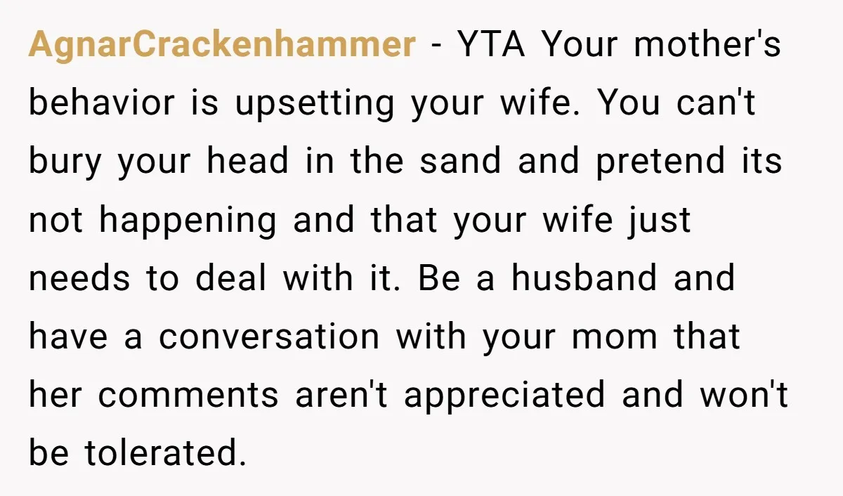 AgnarCrackenhammer - YTA Your mother's behavior is upsetting your wife. You can't bury your head in the sand and pretend its not happening and that your wife just needs to...