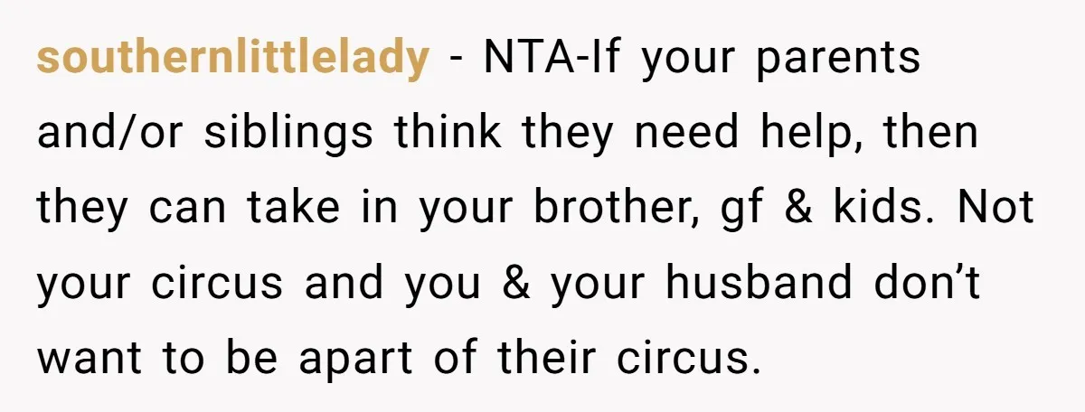 southernlittlelady − NTA-If your parents and/or siblings think they need help, then they can take in your brother, gf & kids. Not your circus and you & your husband don’t...