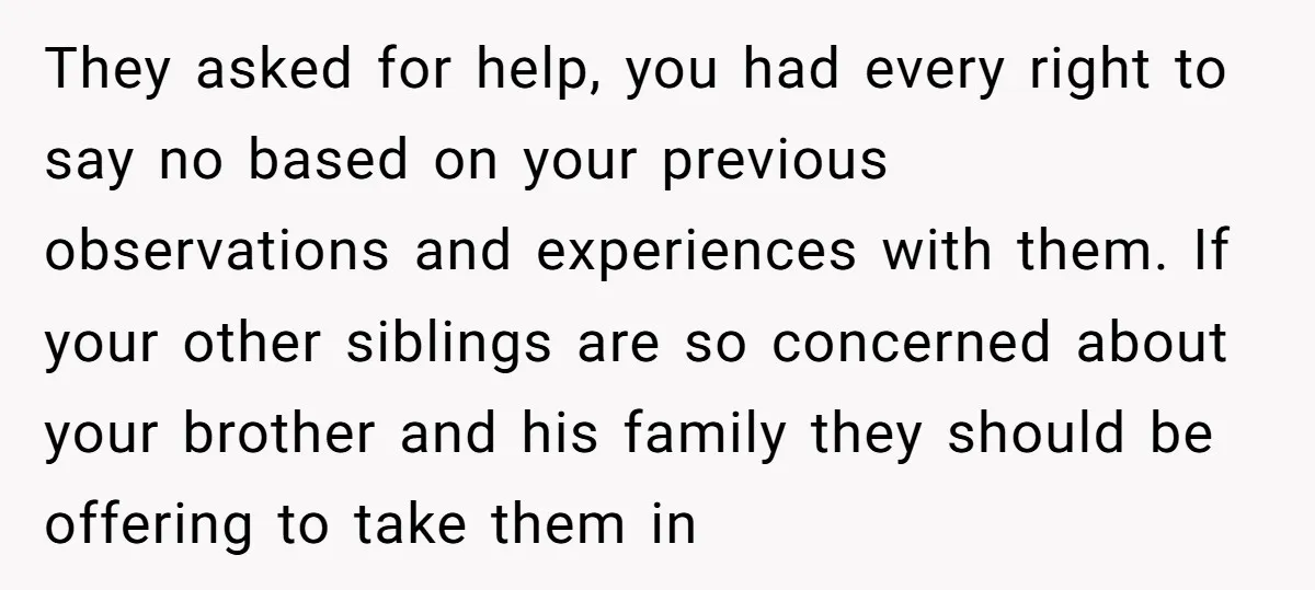 They asked for help, you had every right to say no based on your previous observations and experiences with them. If your other siblings are so concerned about your brother...