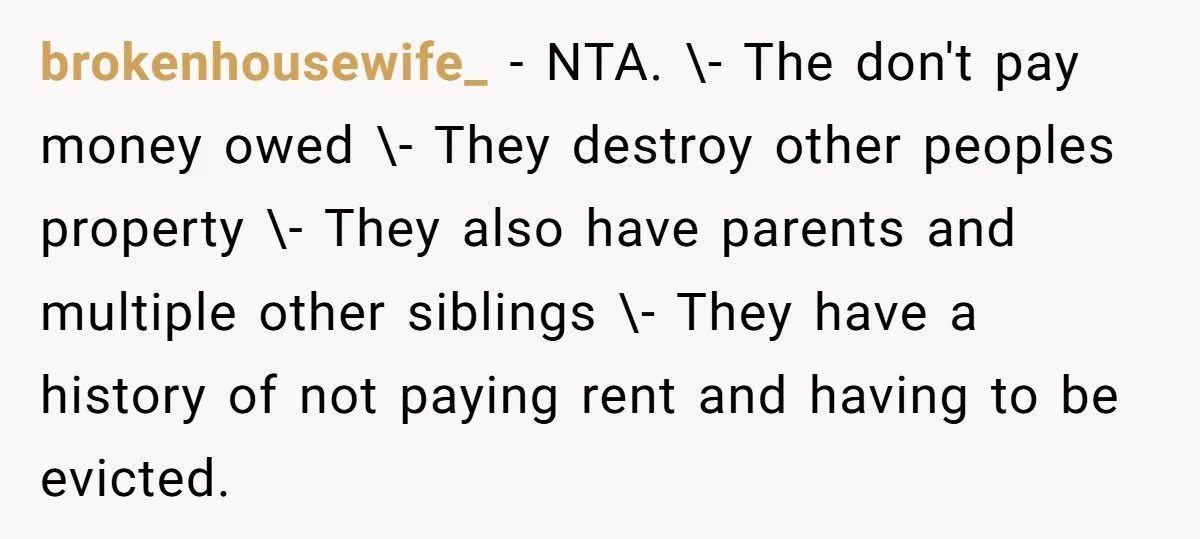 brokenhousewife_ − NTA. \- The don't pay money owed \- They destroy other peoples property \- They also have parents and multiple other siblings \- They have a history of...