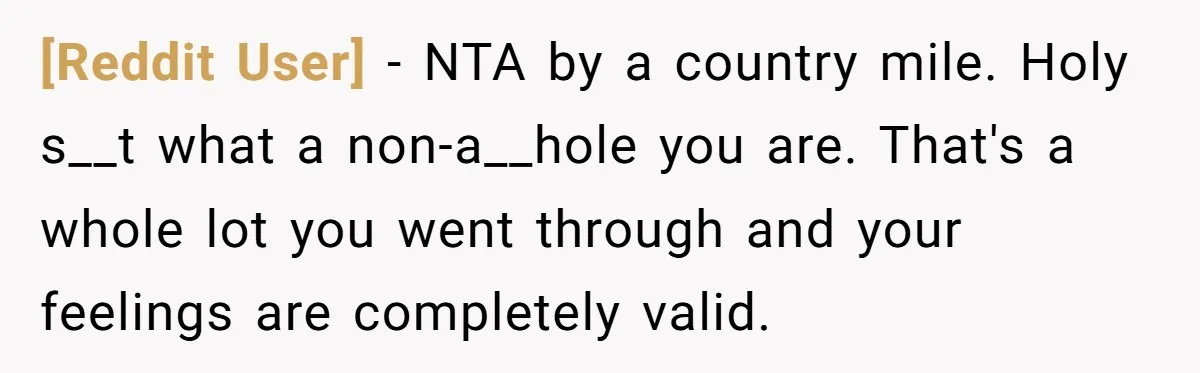 [Reddit User] − NTA by a country mile. Holy s__t what a non-a__hole you are. That's a whole lot you went through and your feelings are completely valid.