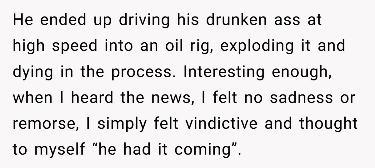 He ended up driving his drunken ass at high speed into an oil rig, exploding it and dying in the process. Interesting enough, when I heard the news, I felt...