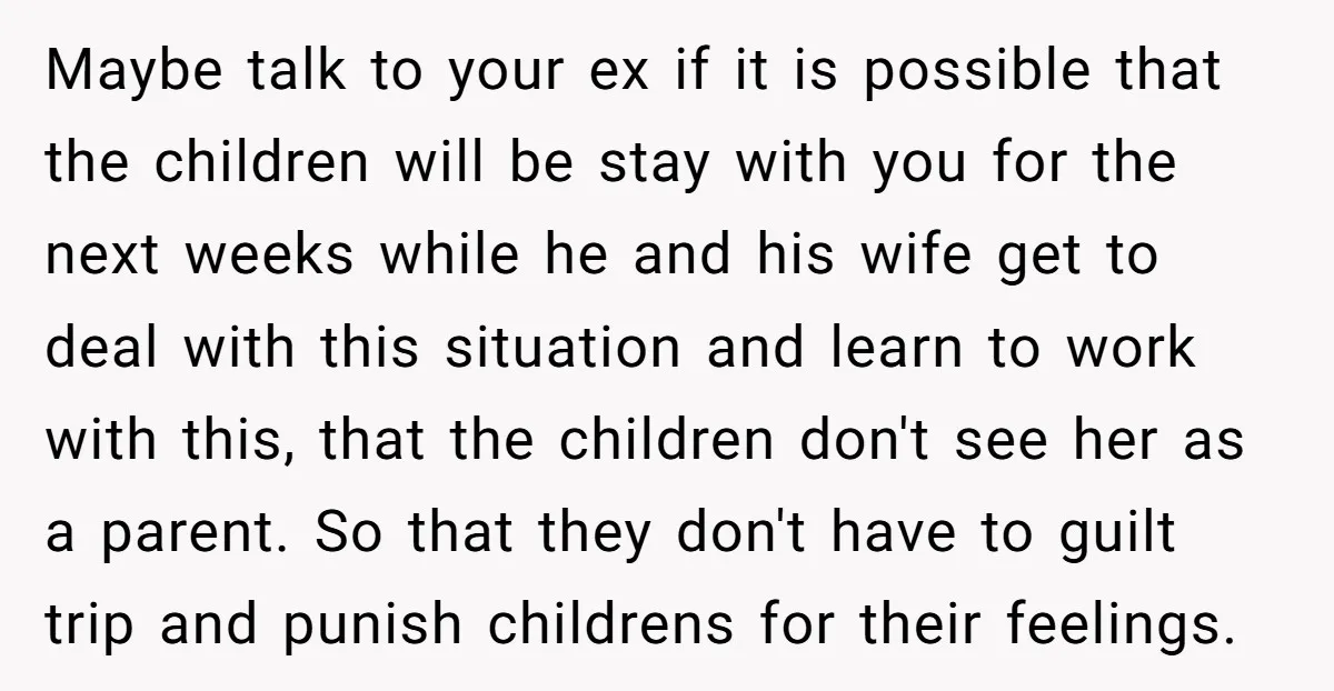 Maybe talk to your ex if it is possible that the children will be stay with you for the next weeks while he and his wife get to deal with...