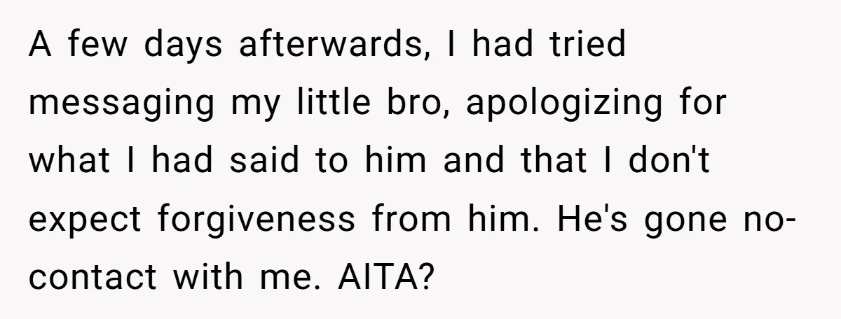 A few days afterwards, I had tried messaging my little bro, apologizing for what I had said to him and that I don't expect forgiveness from him. He's gone no-contact...