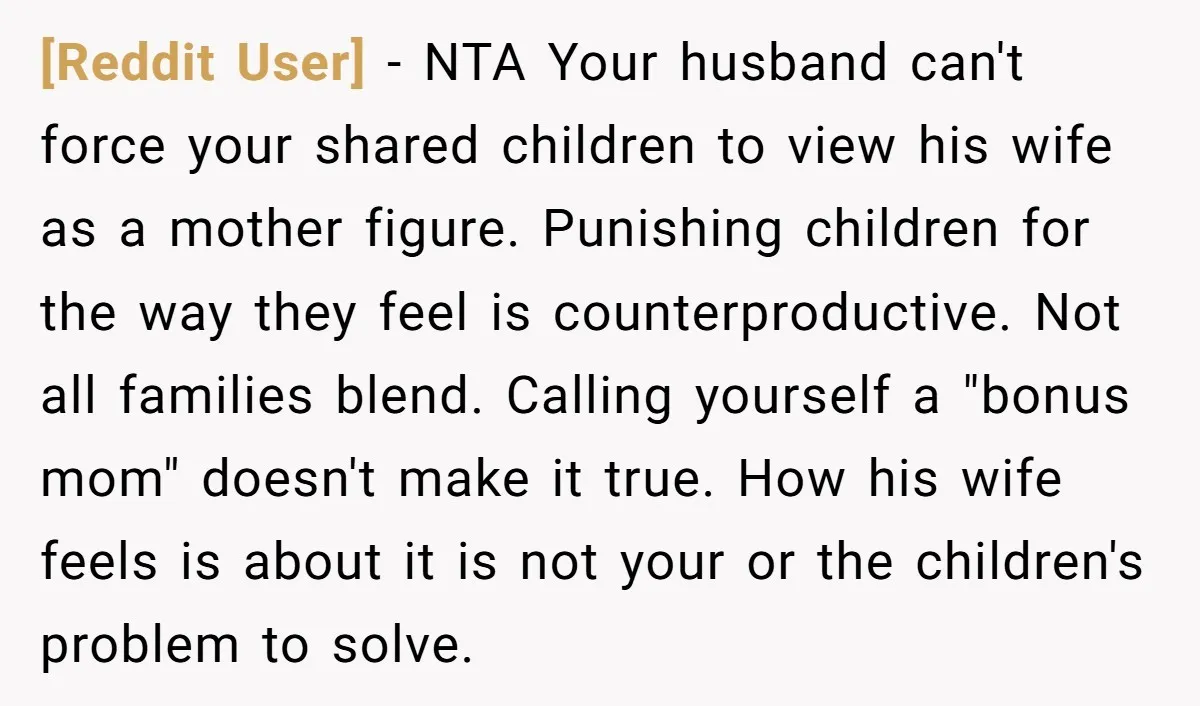 [Reddit User] - NTA Your husband can't force your shared children to view his wife as a mother figure. Punishing children for the way they feel is counterproductive. Not all...