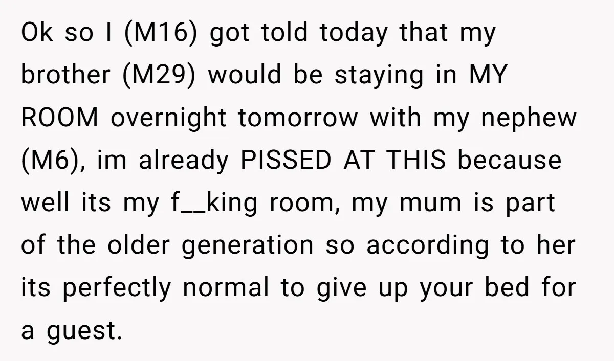 Ok so I (M16) got told today that my brother (M29) would be staying in MY ROOM overnight tomorrow with my nephew (M6), im already PISSED AT THIS because well...