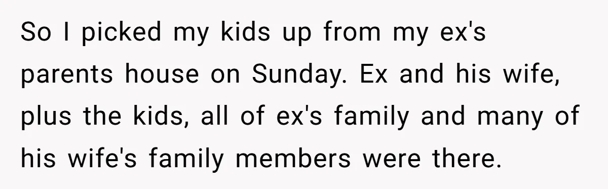 So I picked my kids up from my ex's parents house on Sunday. Ex and his wife, plus the kids, all of ex's family and many of his wife's family...