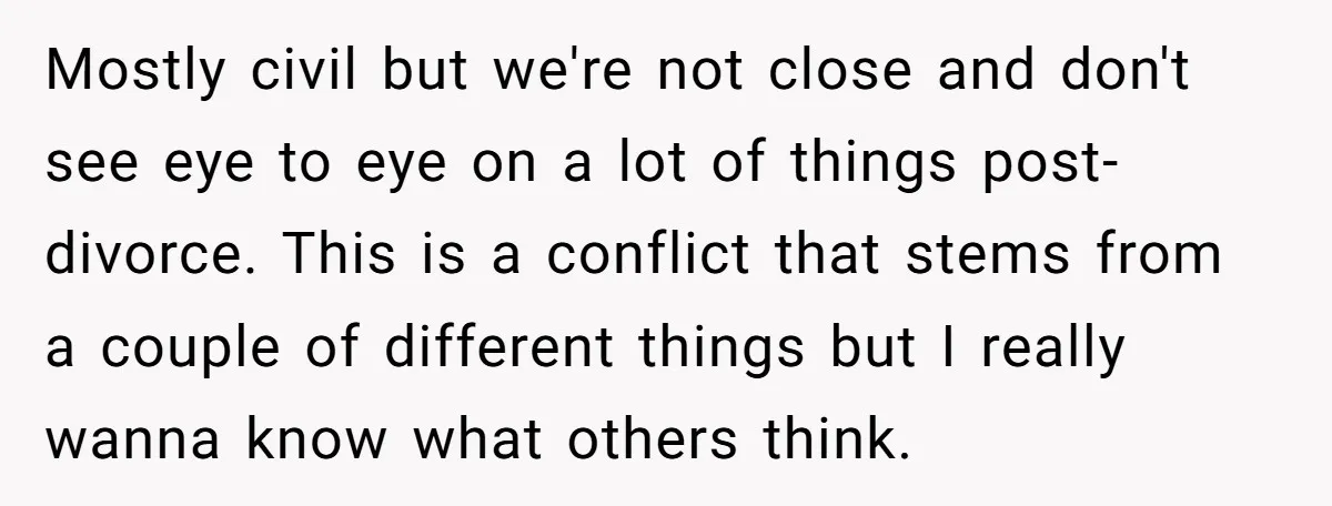 Mostly civil but we're not close and don't see eye to eye on a lot of things post-divorce. This is a conflict that stems from a couple of different things...