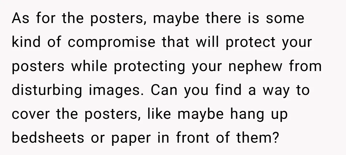 As for the posters, maybe there is some kind of compromise that will protect your posters while protecting your nephew from disturbing images. Can you find a way to cover...